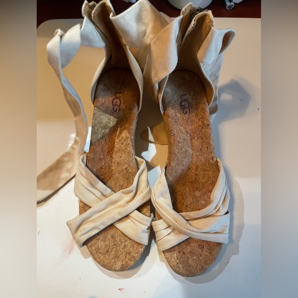 Ugg Traci Wedge Canvas Espadrille Sandal Ankle Strap Neutral Beige Sz Women's 8 - Picture 1 of 4
